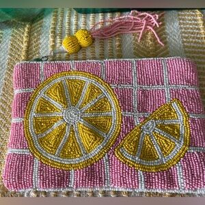Wandering Moon hand-beaded pink lemon travel pouch